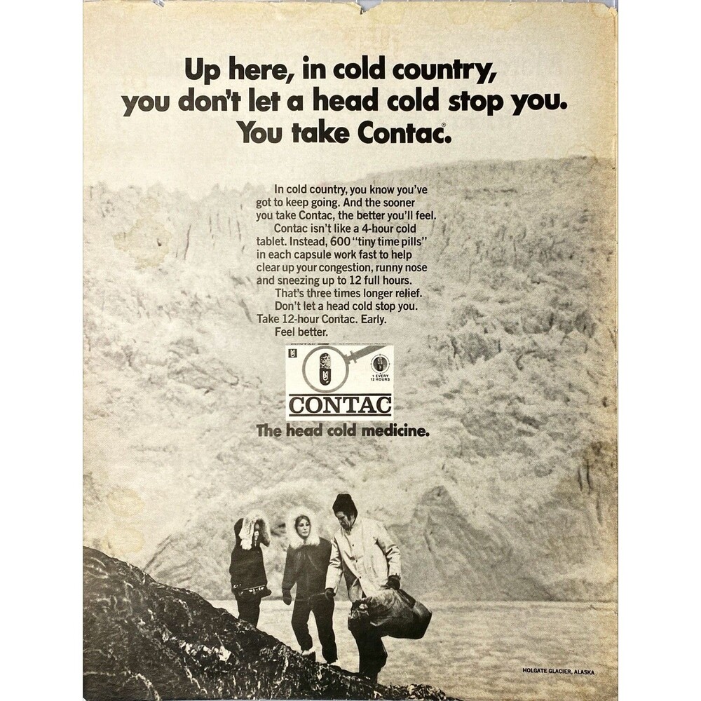 Contac Head Cold Medicine "In cold Country don't let Head Cold Stop You" Ad 1970